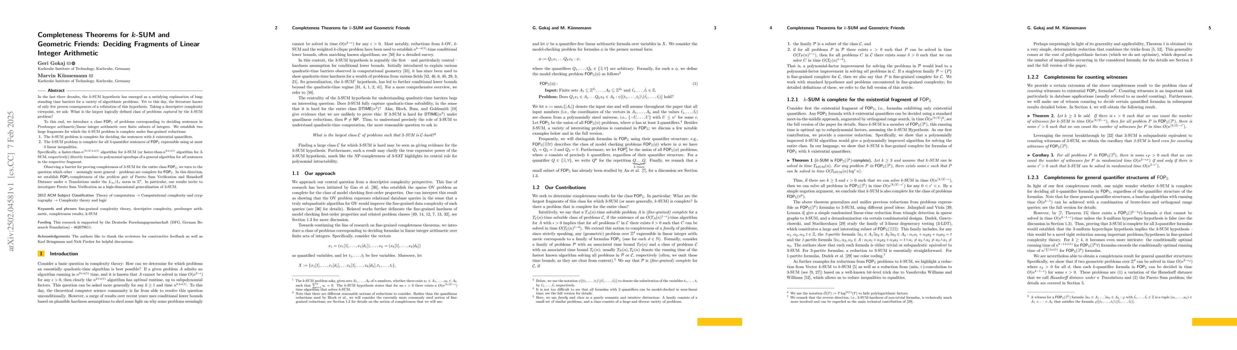 Thumbnail for Completeness Theorems for k-SUM and Geometric Friends: Deciding
  Fragments of Integer Linear Arithmetic