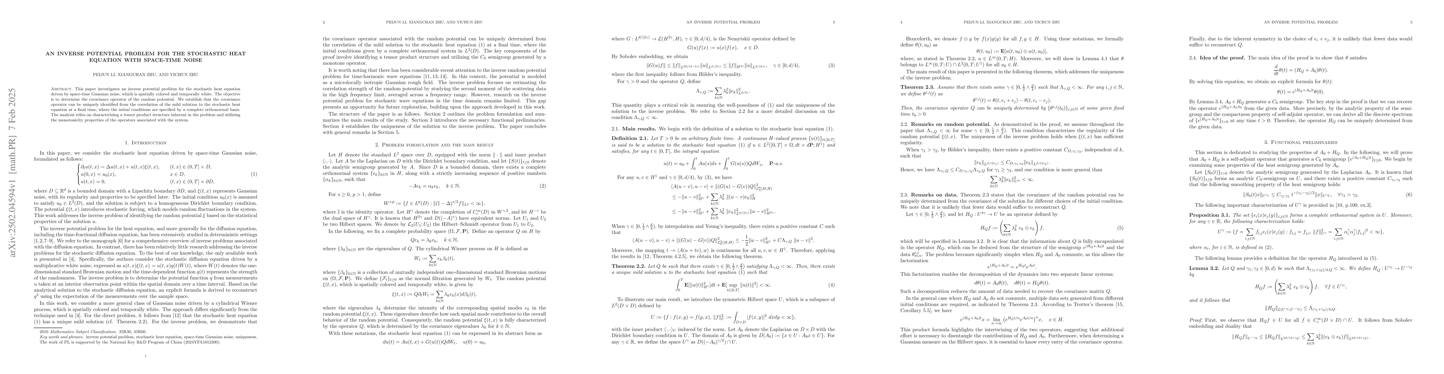 Thumbnail for An inverse potential problem for the stochastic heat equation with
  space-time noise