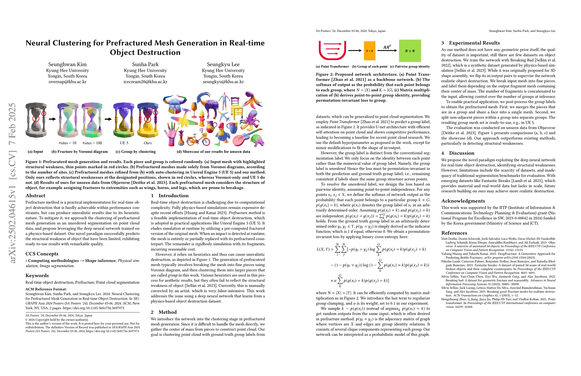 Thumbnail for Neural Clustering for Prefractured Mesh Generation in Real-time Object
  Destruction