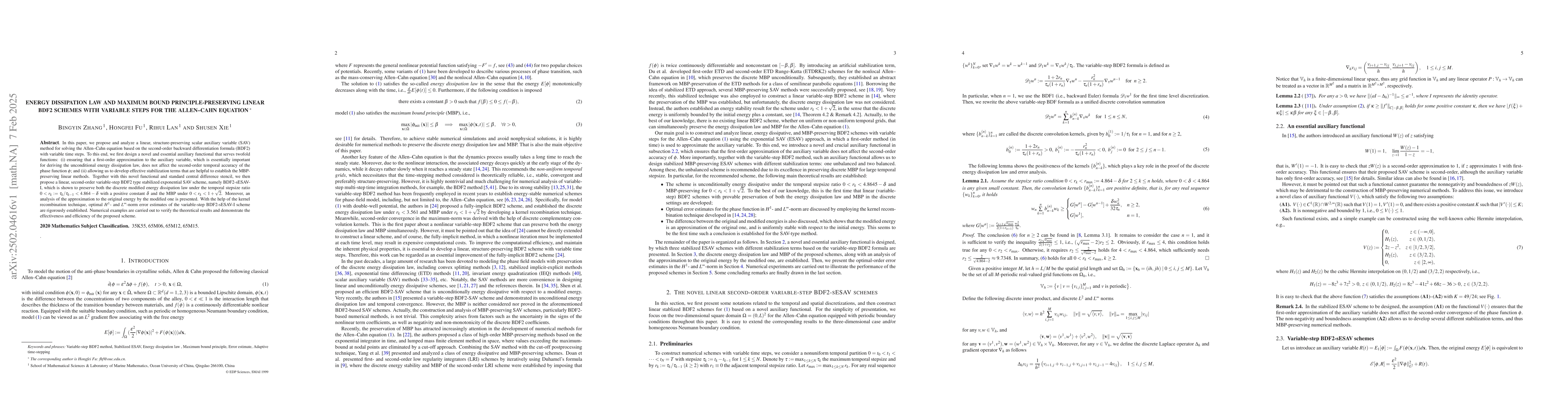 Thumbnail for Energy dissipation law and maximum bound principle-preserving linear
  BDF2 schemes with variable steps for the Allen-Cahn equation