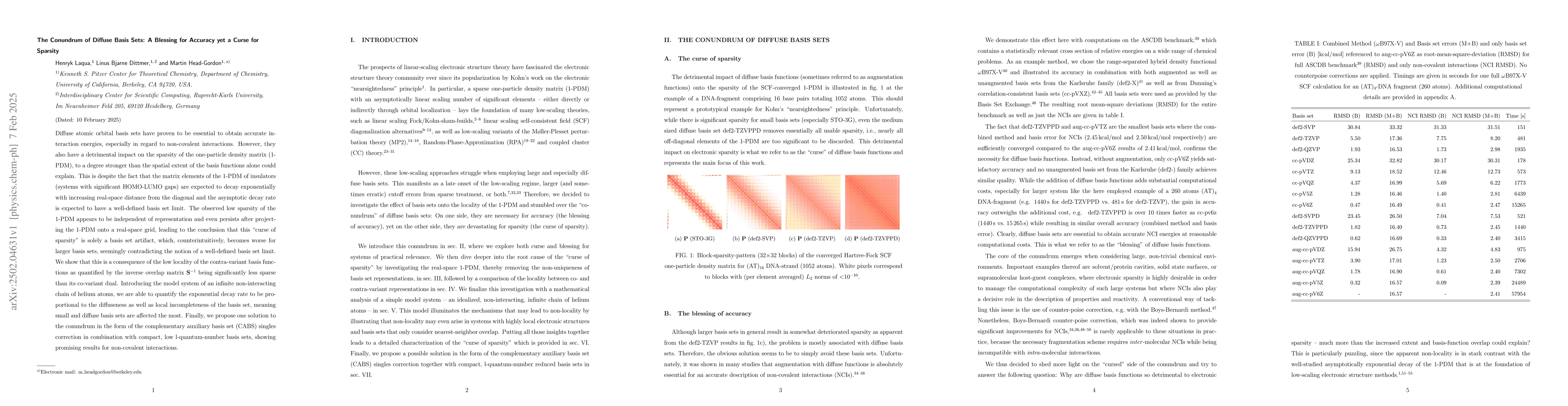 Thumbnail for The Conundrum of Diffuse Basis Sets: A Blessing for Accuracy yet a Curse
  for Sparsity
