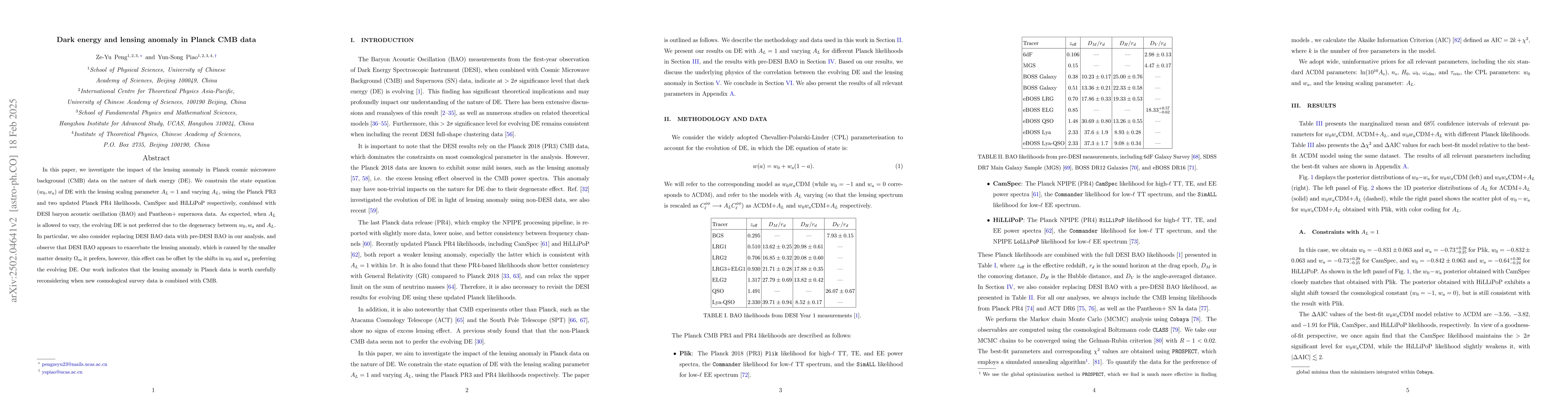 Thumbnail for Dark energy and lensing anomaly in Planck CMB data