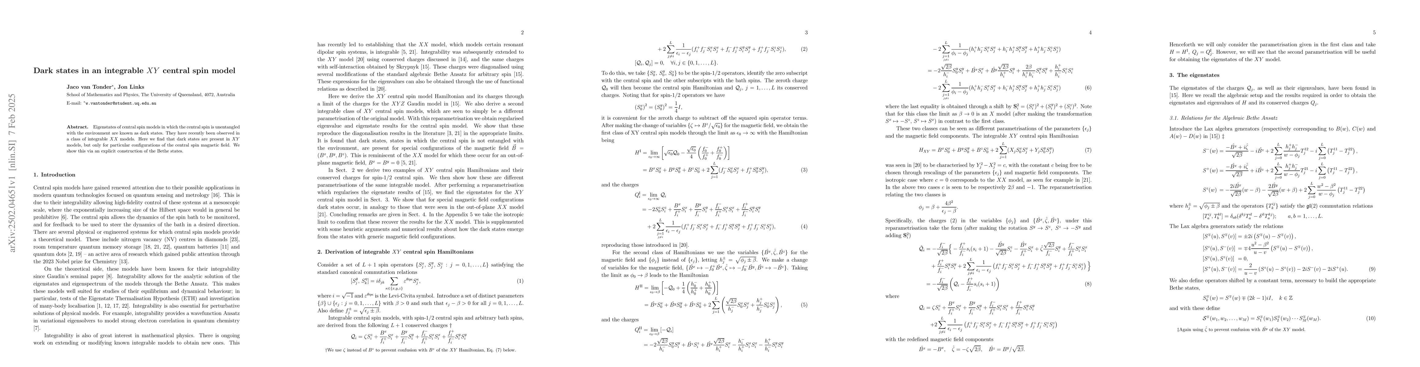 Thumbnail for Dark states in an integrable XY central spin model