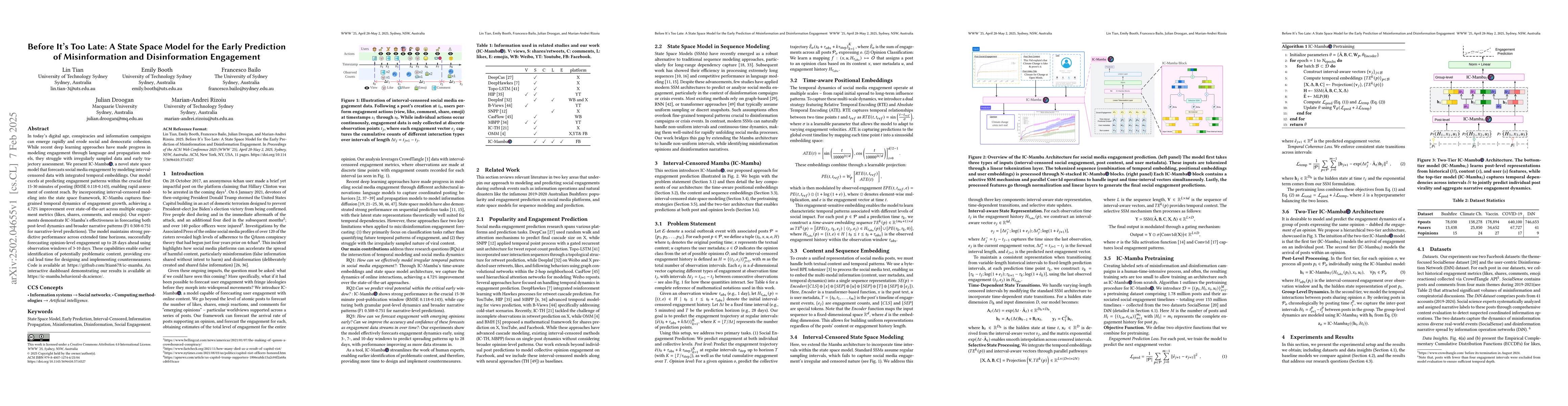 Thumbnail for Before It's Too Late: A State Space Model for the Early Prediction of
  Misinformation and Disinformation Engagement