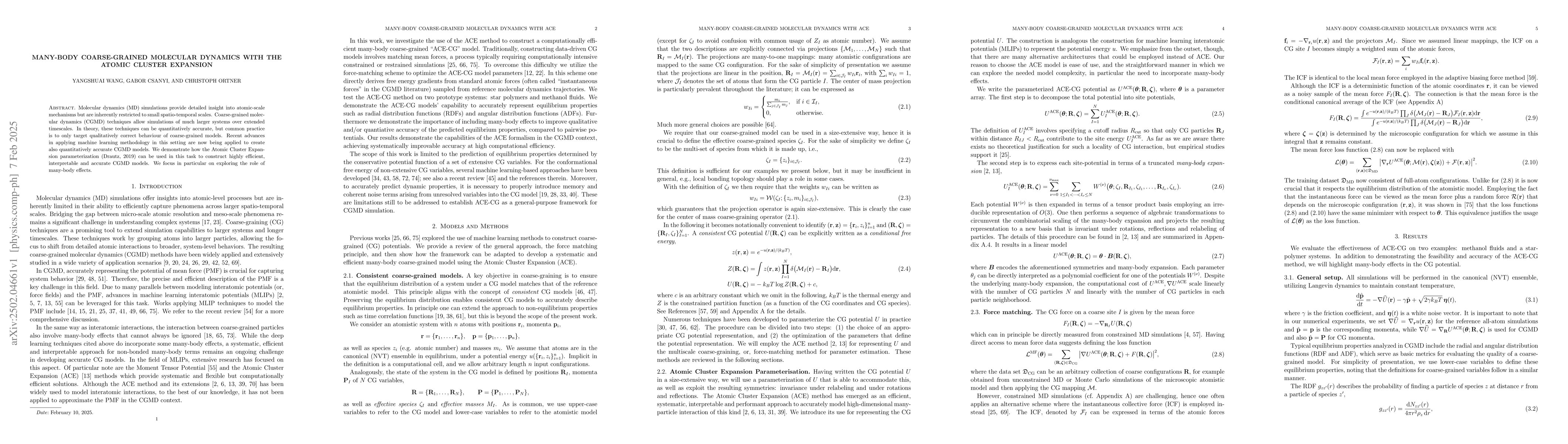 Thumbnail for Many-Body Coarse-Grained Molecular Dynamics with the Atomic Cluster
  Expansion