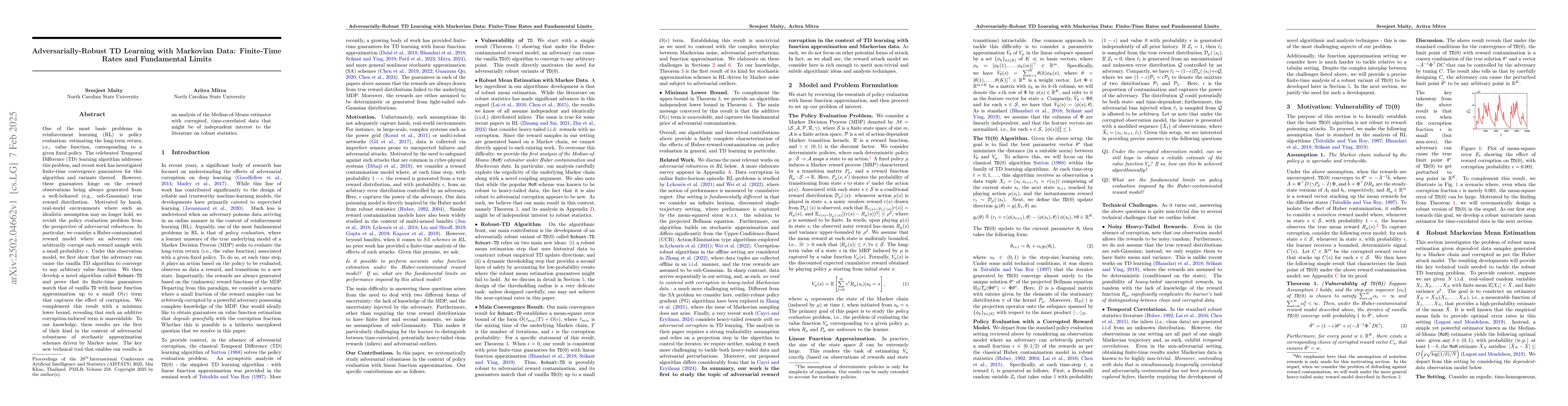 Thumbnail for Adversarially-Robust TD Learning with Markovian Data: Finite-Time Rates
  and Fundamental Limits