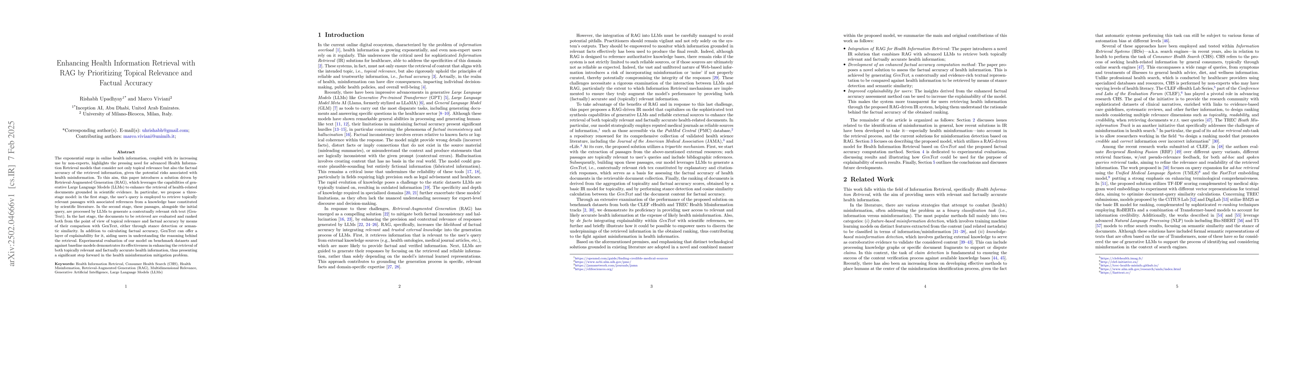 Thumbnail for Enhancing Health Information Retrieval with RAG by Prioritizing Topical
  Relevance and Factual Accuracy