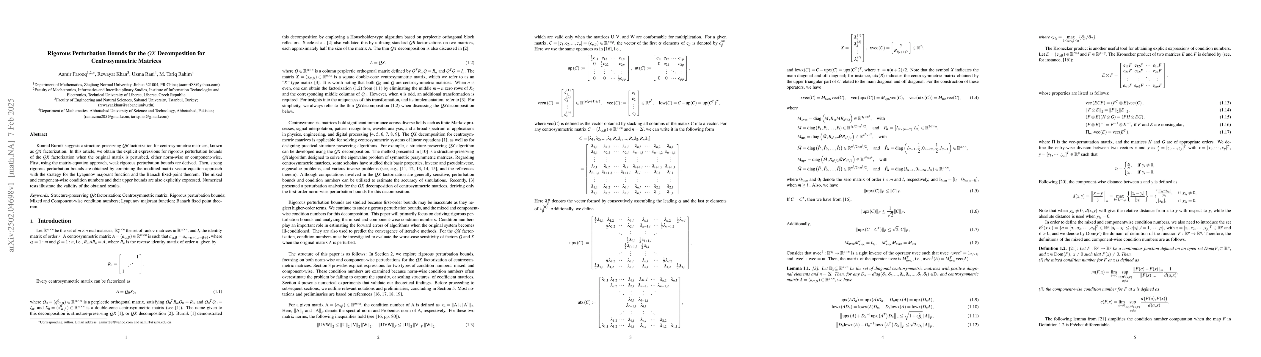 Thumbnail for Rigorous Perturbation Bounds for the QX Decomposition for
  Centrosymmetric Matrices