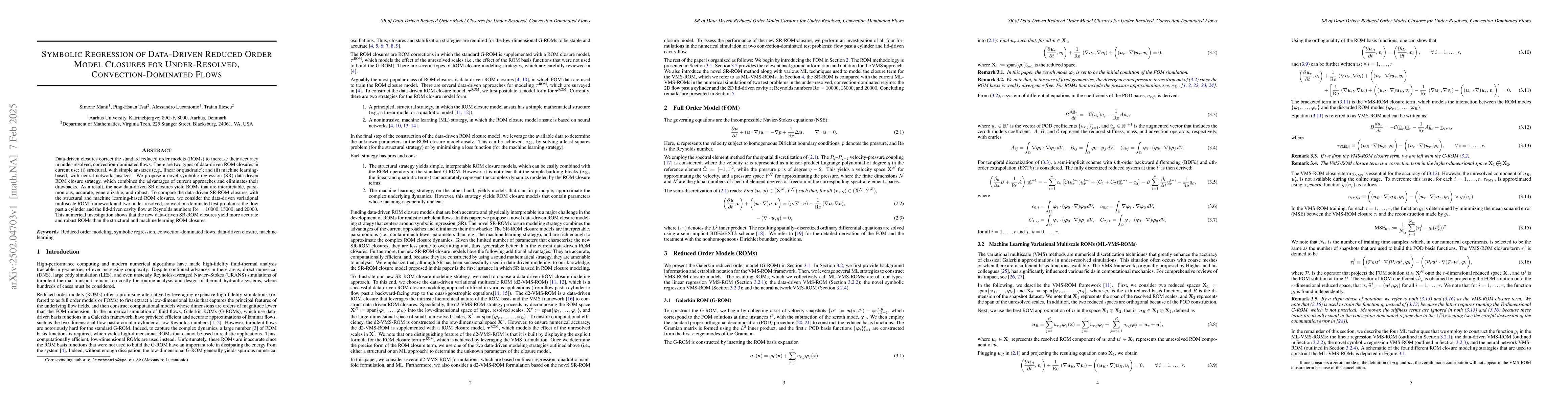 Thumbnail for Symbolic Regression of Data-Driven Reduced Order Model Closures for
  Under-Resolved, Convection-Dominated Flows