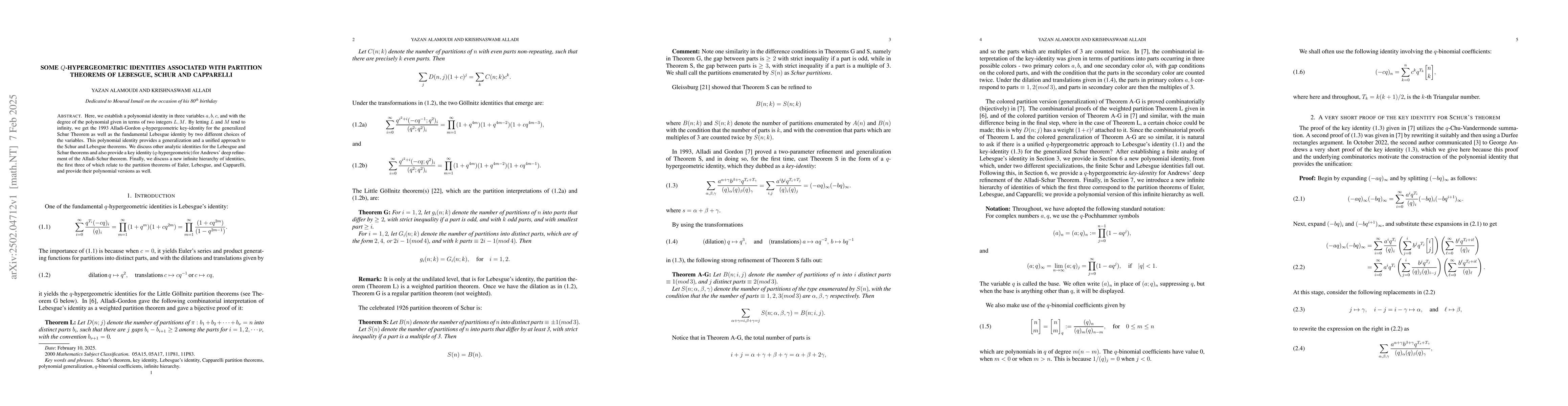 Thumbnail for Some $q$-hypergeometric identities associated with partition theorems of
  Lebesgue, Schur and Capparelli