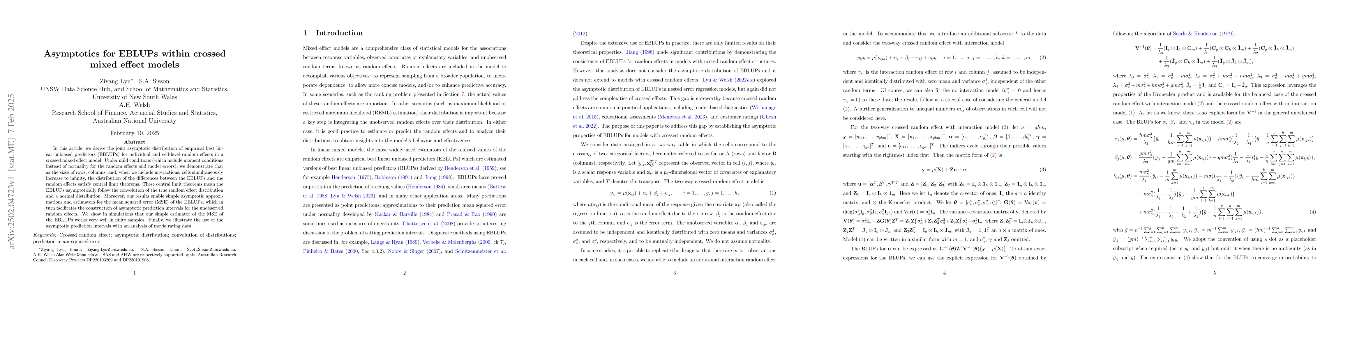 Thumbnail for Asymptotics for EBLUPs within crossed mixed effect models