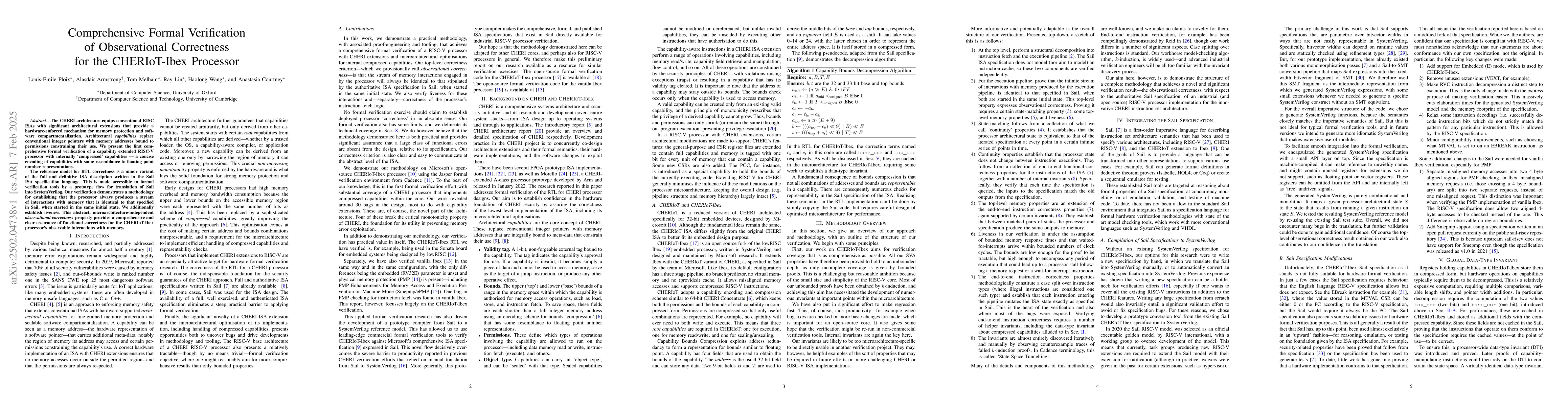 Thumbnail for Comprehensive Formal Verification of Observational Correctness for the
  CHERIoT-Ibex Processor