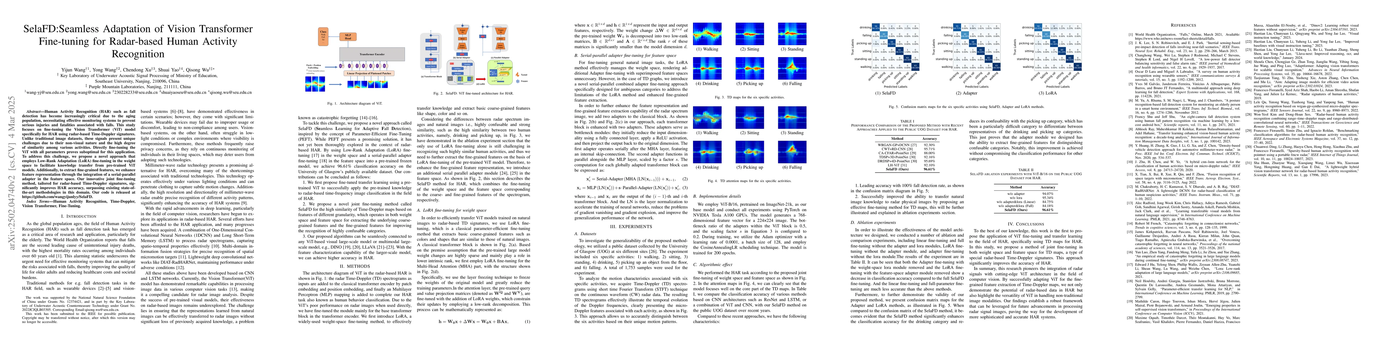 Thumbnail for SelaFD:Seamless Adaptation of Vision Transformer Fine-tuning for
  Radar-based Human Activity