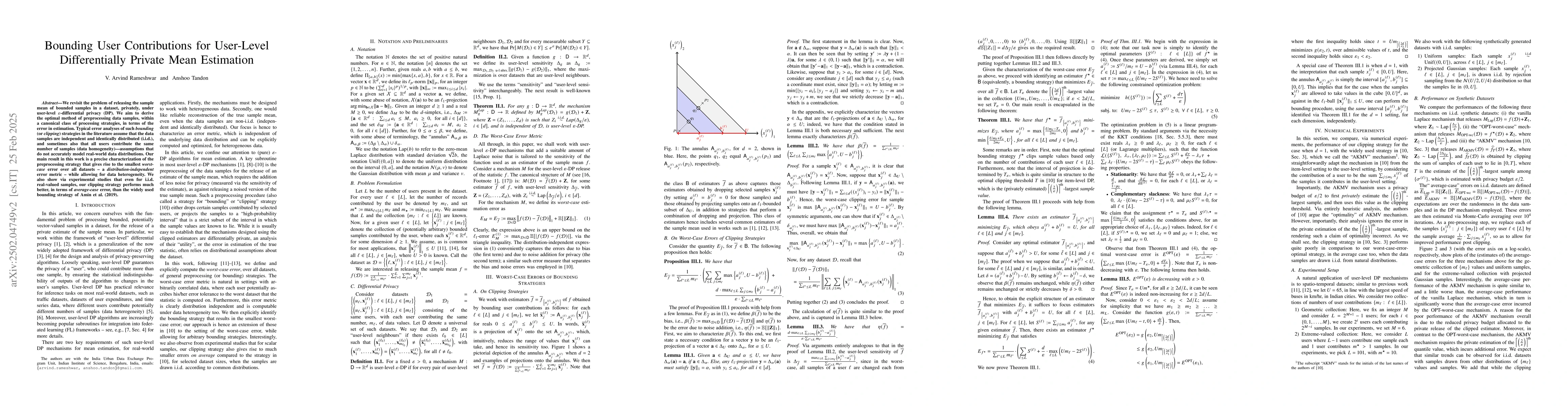 Thumbnail for Bounding User Contributions for User-Level Differentially Private Mean
  Estimation