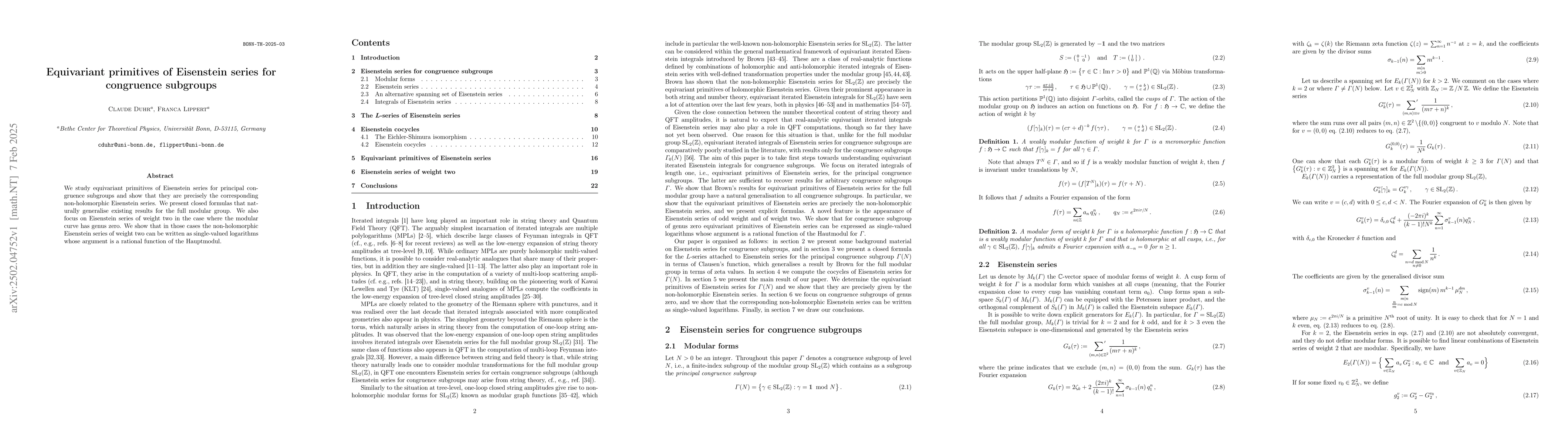 Thumbnail for Equivariant primitives of Eisenstein series for congruence subgroups