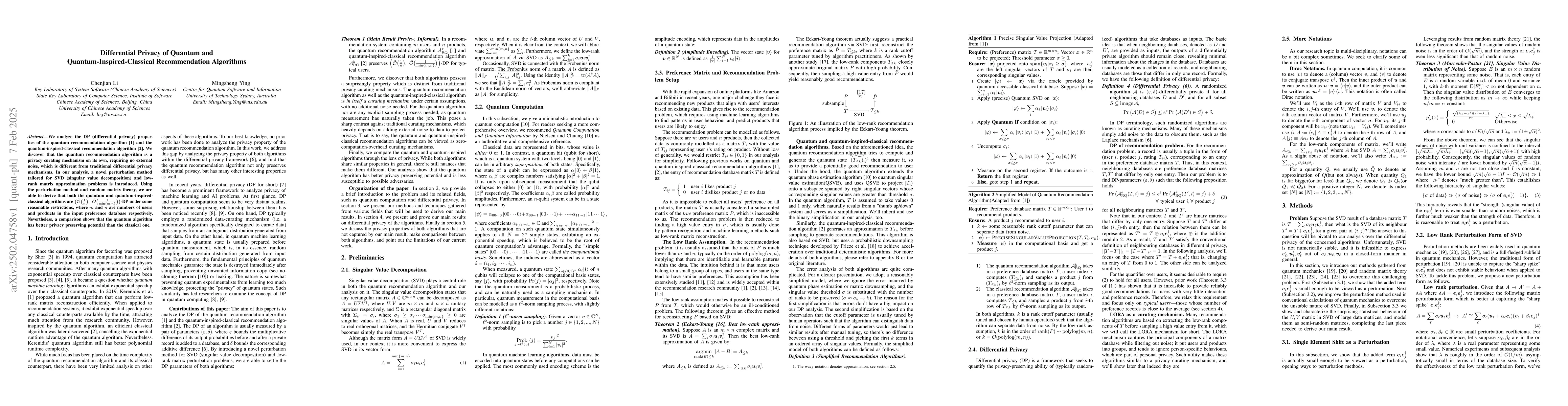 Thumbnail for Differential Privacy of Quantum and Quantum-Inspired-Classical
  Recommendation Algorithms