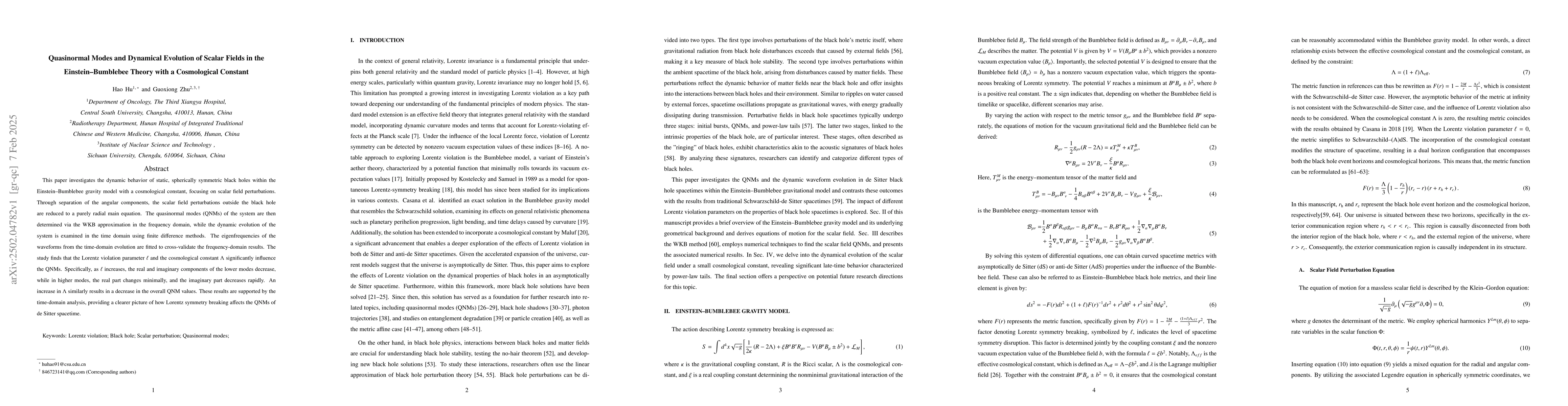 Thumbnail for Quasinormal Modes and Dynamical Evolution of Scalar Fields in the
  Einstein-Bumblebee Theory with a Cosmological Constant