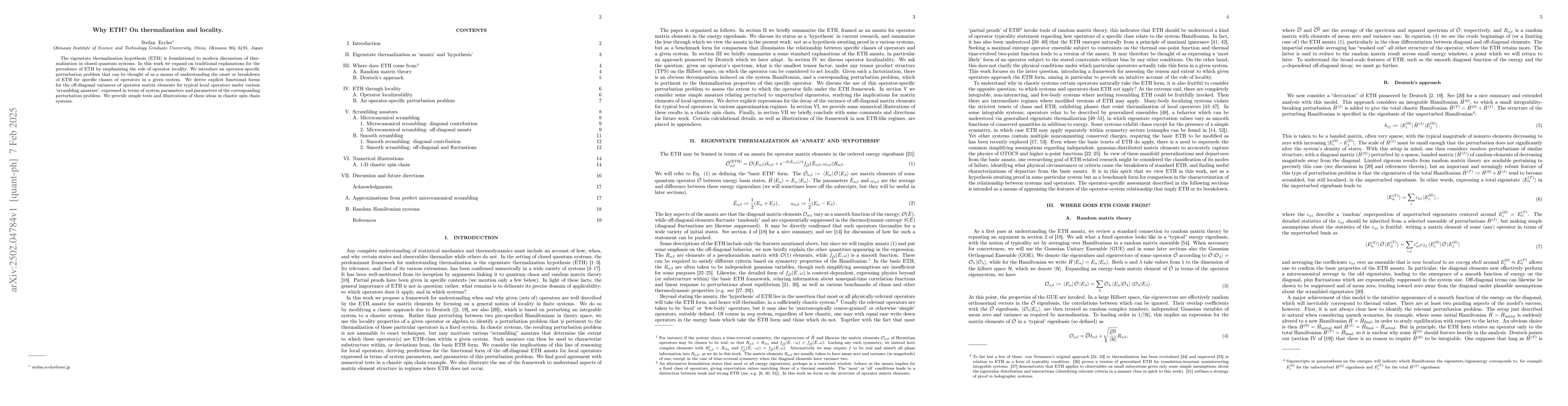 Thumbnail for Why ETH? On thermalization and locality