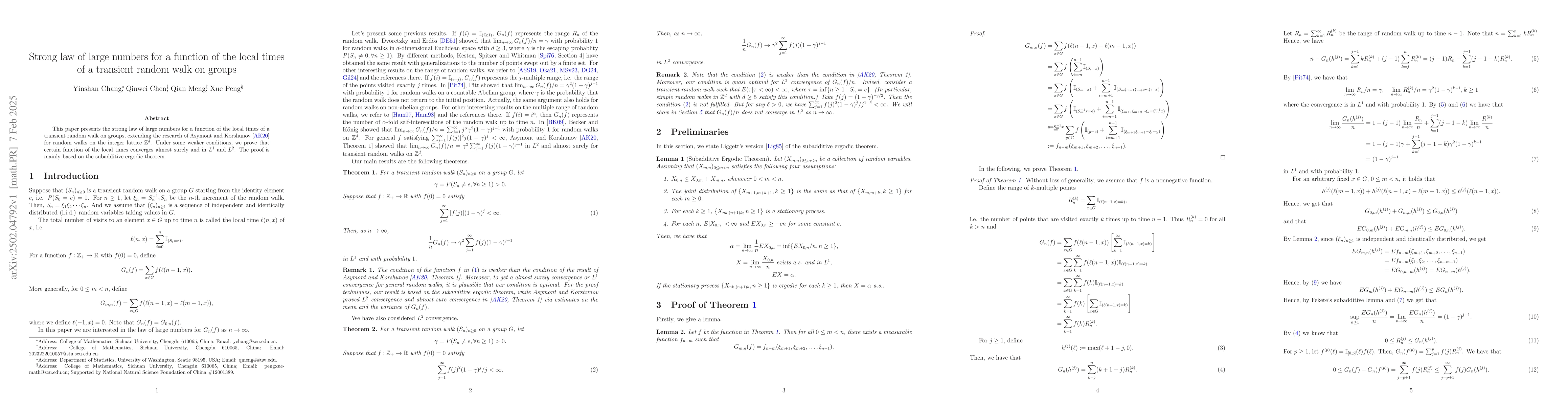 Thumbnail for Strong law of large numbers for a function of the local times of a
  transient random walk on groups