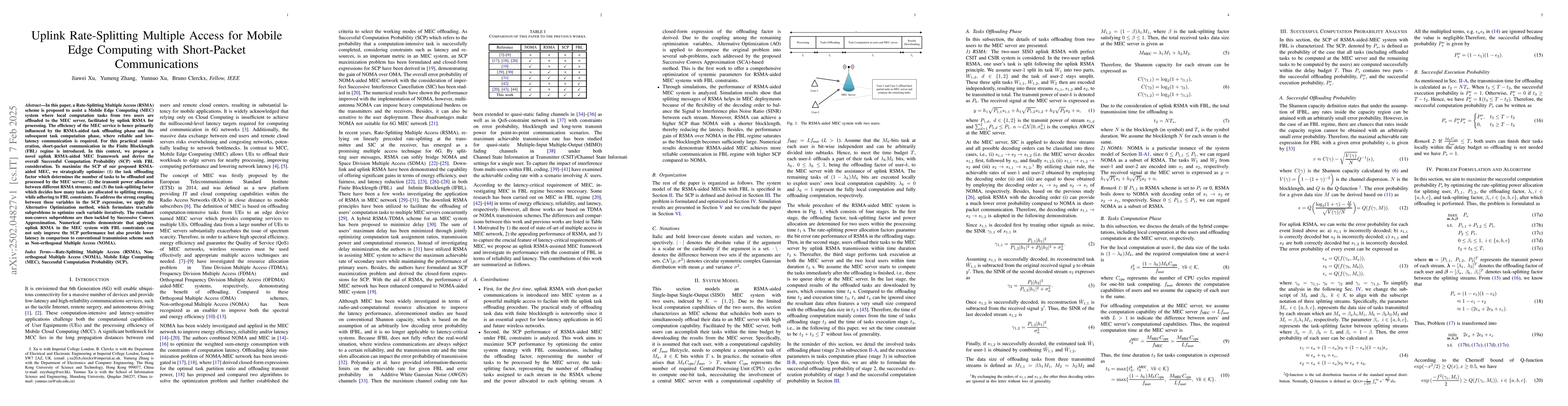 Thumbnail for Uplink Rate-Splitting Multiple Access for Mobile Edge Computing with
  Short-Packet Communications