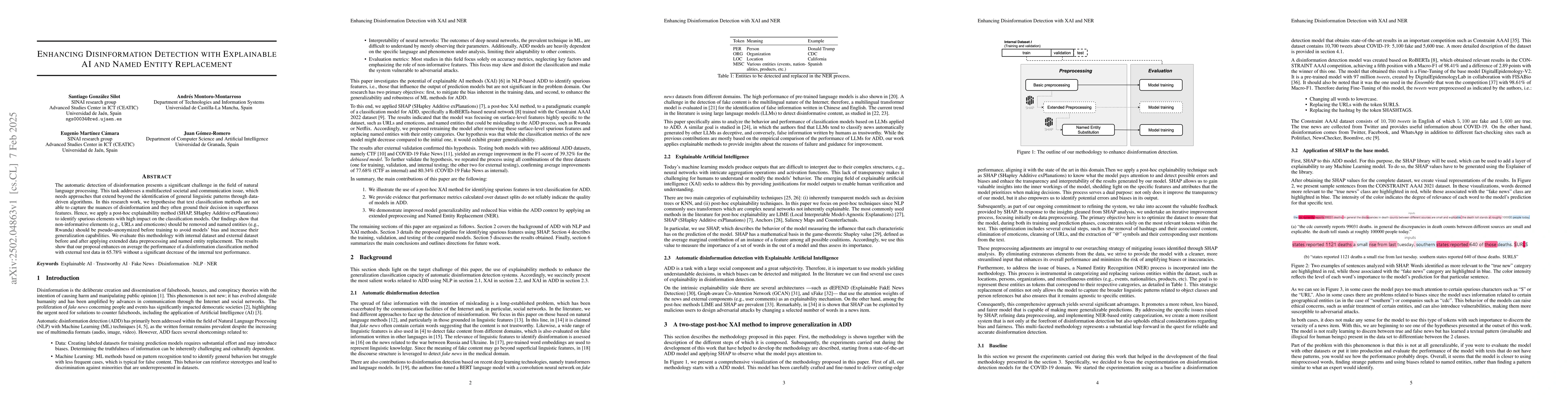 Thumbnail for Enhancing Disinformation Detection with Explainable AI and Named Entity
  Replacement