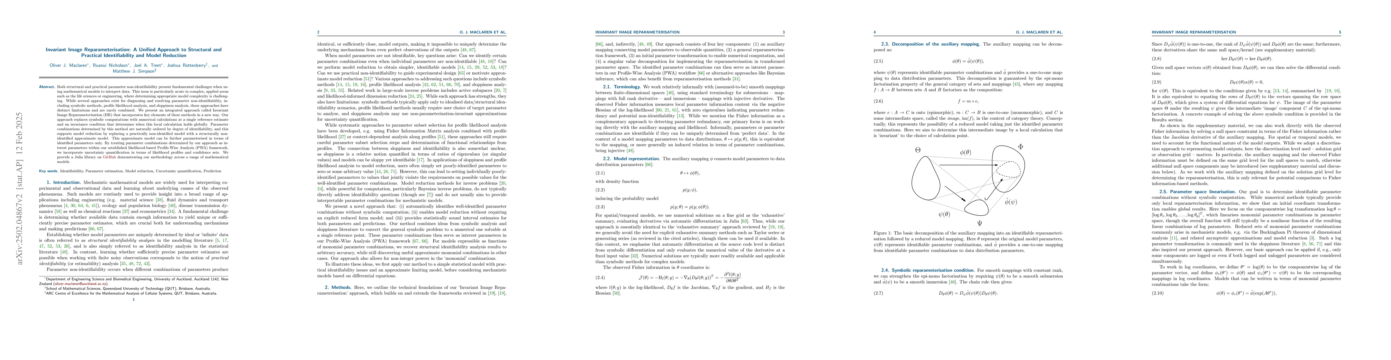 Thumbnail for Invariant Image Reparameterisation: A Unified Approach to Structural and
  Practical Identifiability and Model Reduction