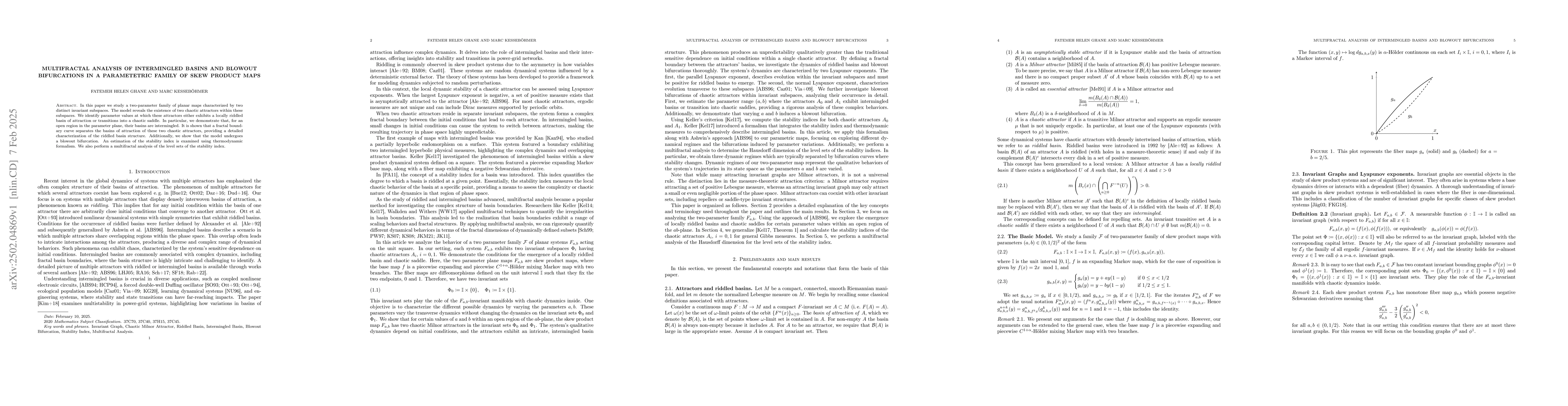 Thumbnail for Multifractal analysis of intermingled basins and blowout bifurcations in
  a parametetric family of skew product maps