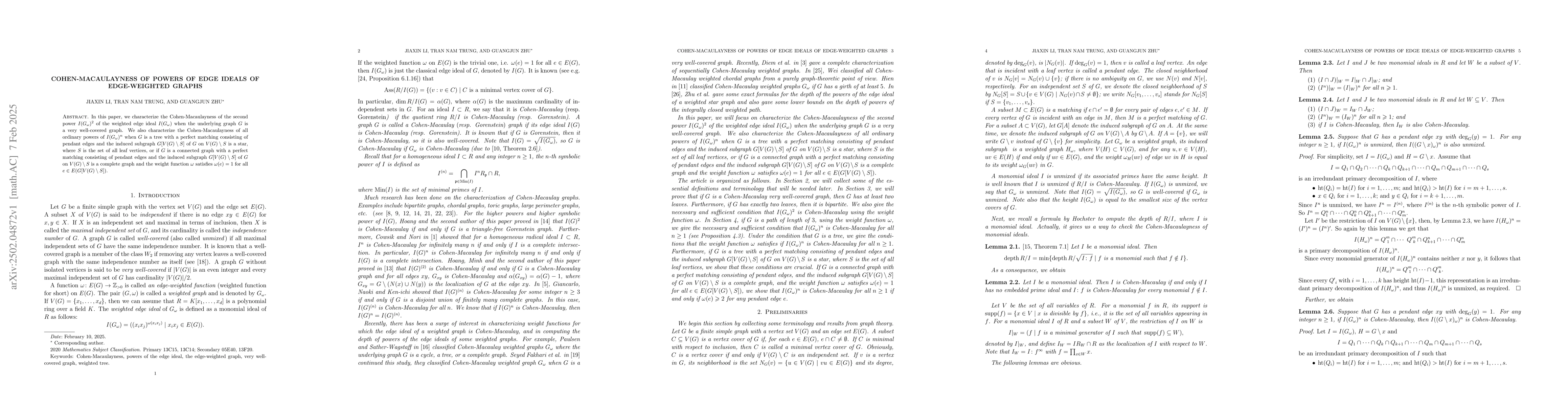 Thumbnail for Cohen-Macaulayness of powers of edge ideals of edge-weighted graphs