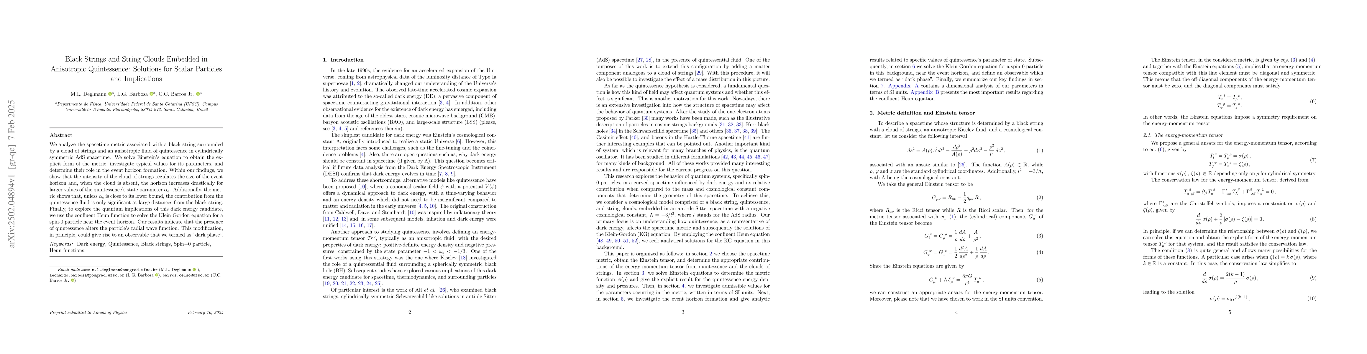Thumbnail for Black Strings and String Clouds Embedded in Anisotropic Quintessence:
  Solutions for Scalar Particles and Implications
