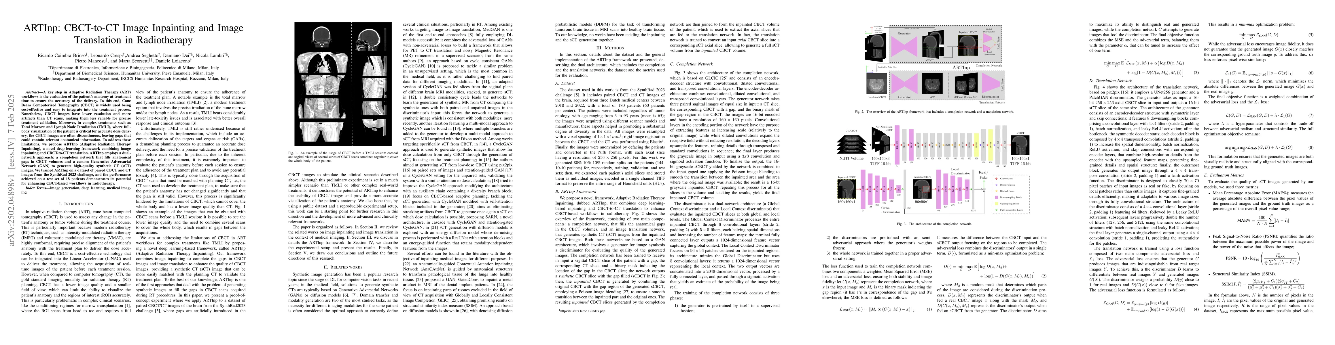 Thumbnail for ARTInp: CBCT-to-CT Image Inpainting and Image Translation in
  Radiotherapy