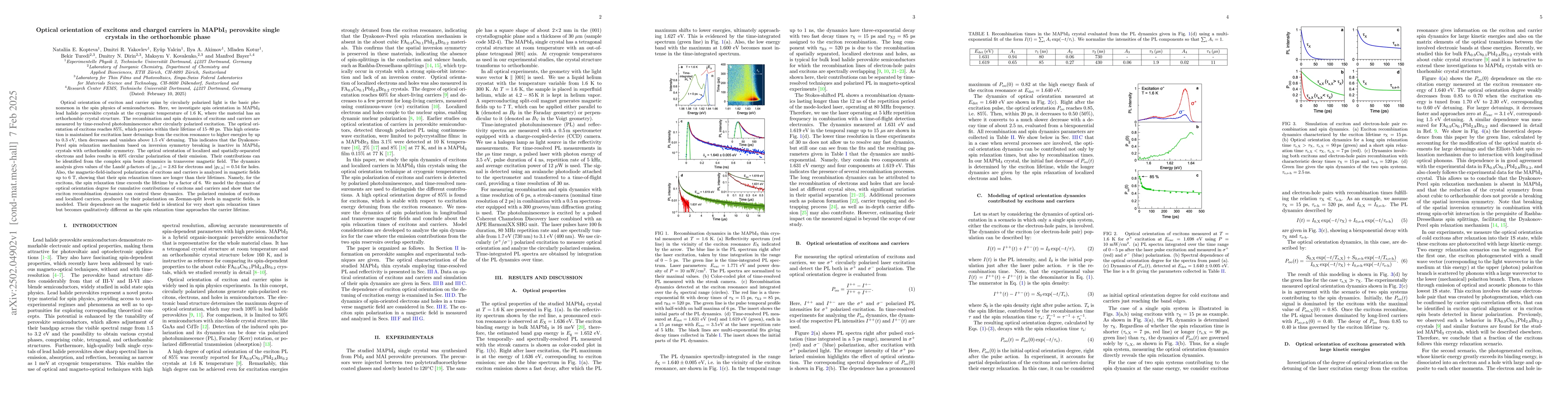 Thumbnail for Optical orientation of excitons and charged carriers in MAPbI$_3$
  perovskite single crystals in the orthorhombic phase
