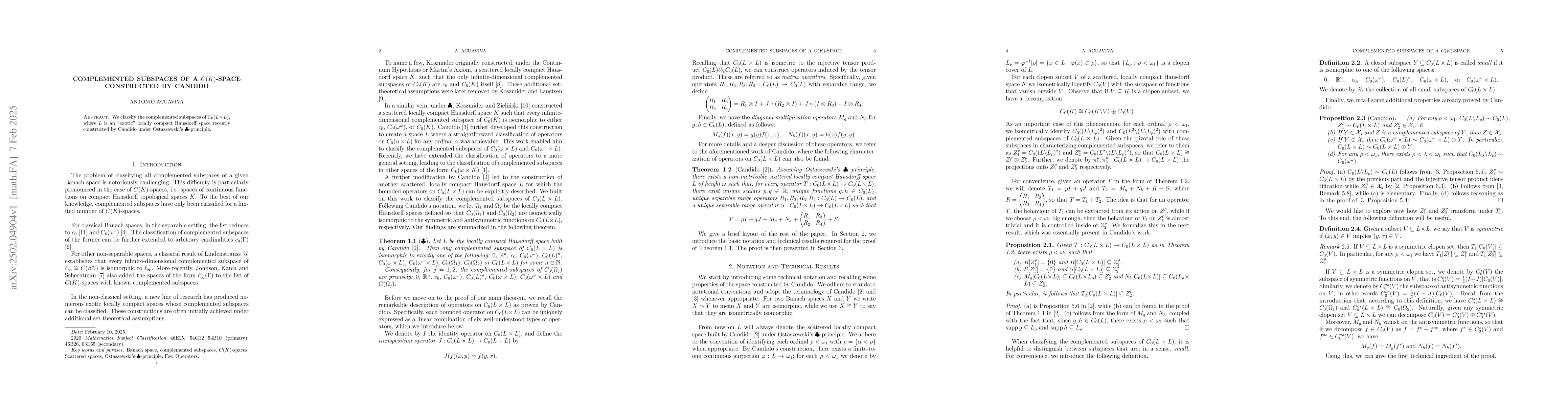 Thumbnail for Complemented subspaces of a $C(K)$-space constructed by Candido