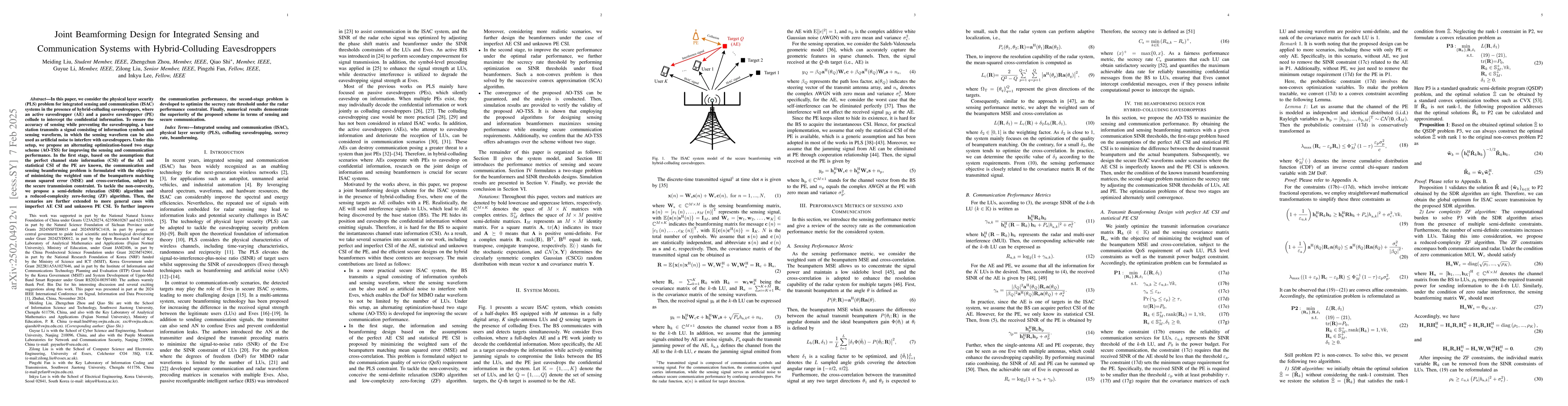 Thumbnail for Joint Beamforming Design for Integrated Sensing and Communication
  Systems with Hybrid-Colluding Eavesdroppers