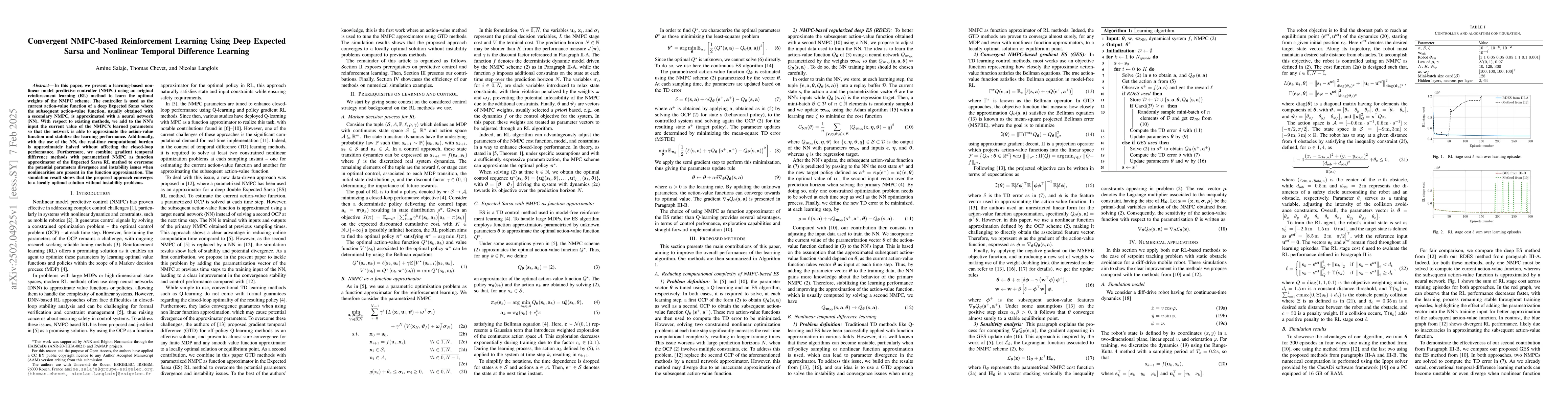 Thumbnail for Convergent NMPC-based Reinforcement Learning Using Deep Expected Sarsa
  and Nonlinear Temporal Difference Learning