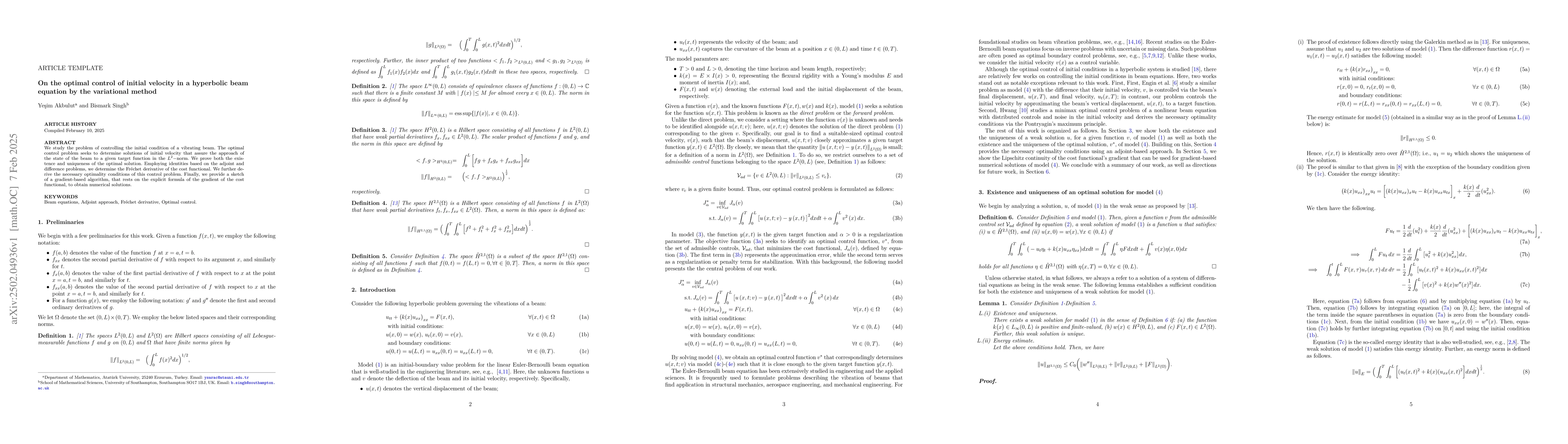 Thumbnail for On the optimal control of initial velocity in a hyperbolic beam equation
  by the variational method