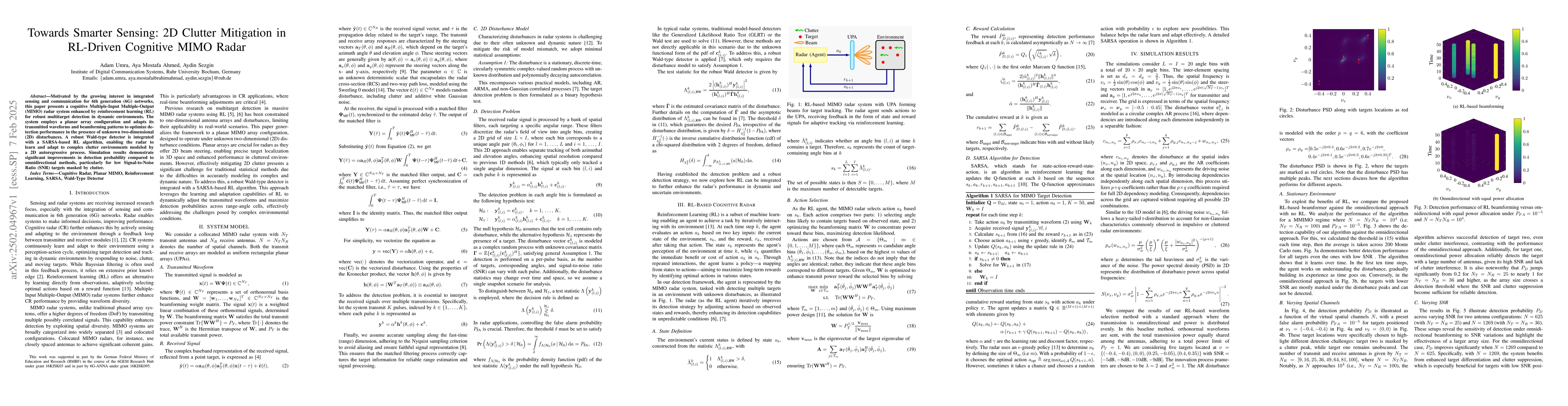 Thumbnail for Towards Smarter Sensing: 2D Clutter Mitigation in RL-Driven Cognitive
  MIMO Radar