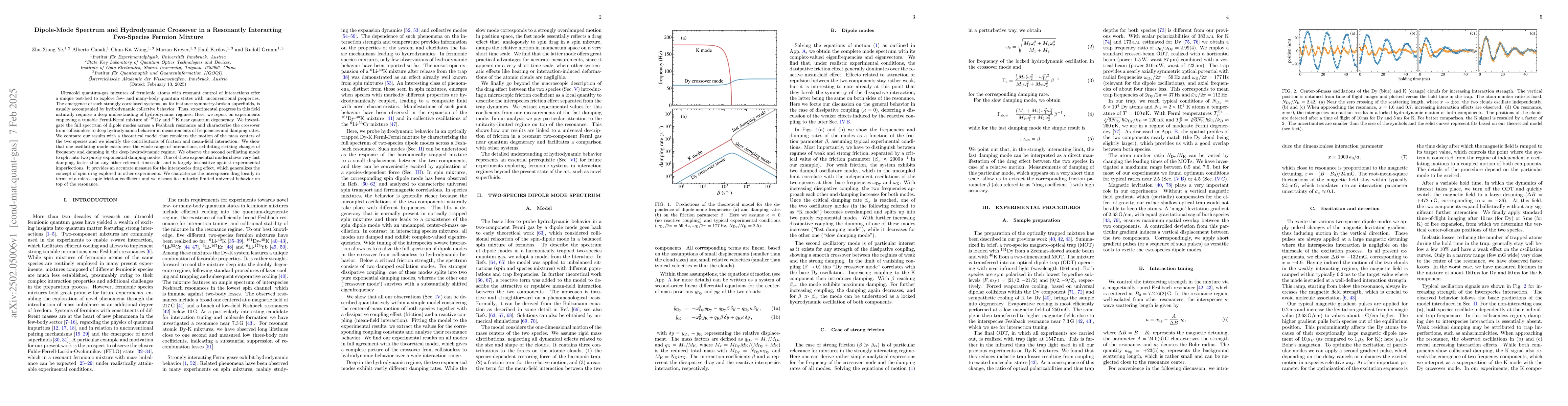 Thumbnail for Dipole-Mode Spectrum and Hydrodynamic Crossover in a Resonantly
  Interacting Two-Species Fermion Mixture