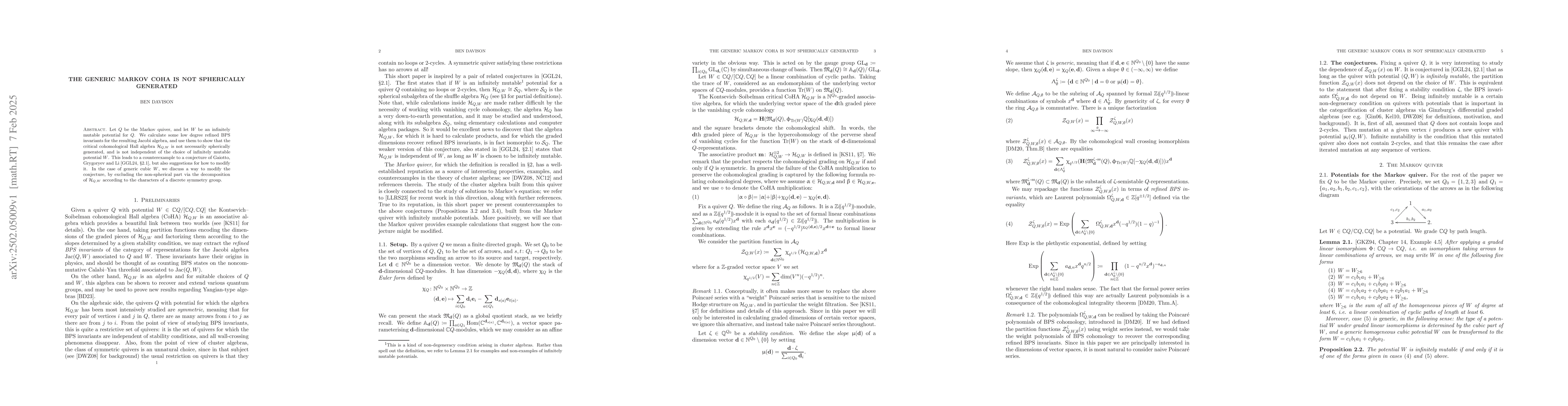Thumbnail for The generic Markov CoHA is not spherically generated