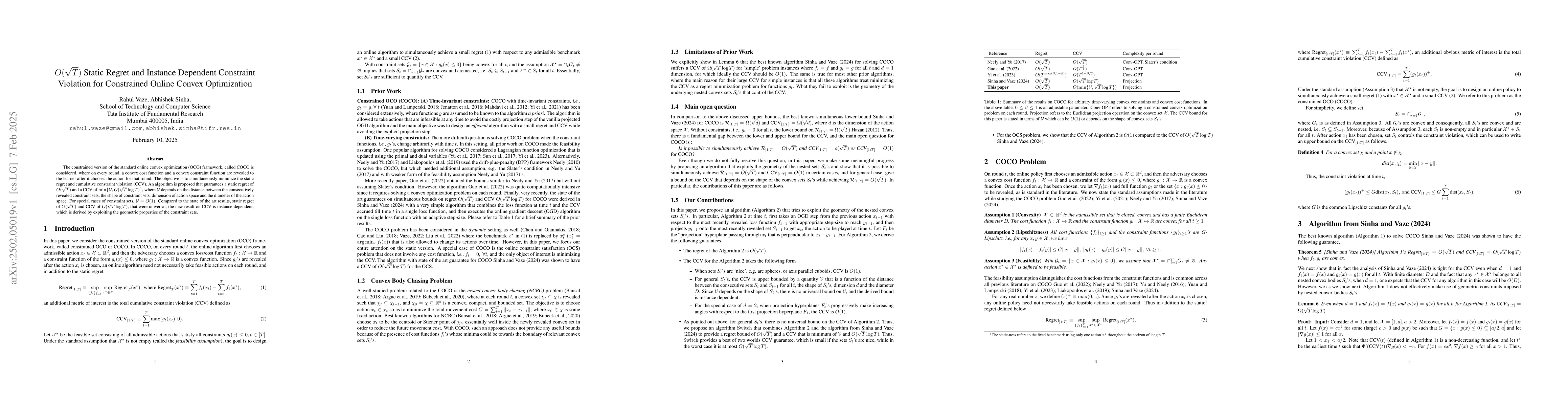 Thumbnail for $O(\sqrt{T})$ Static Regret and Instance Dependent Constraint Violation
  for Constrained Online Convex Optimization