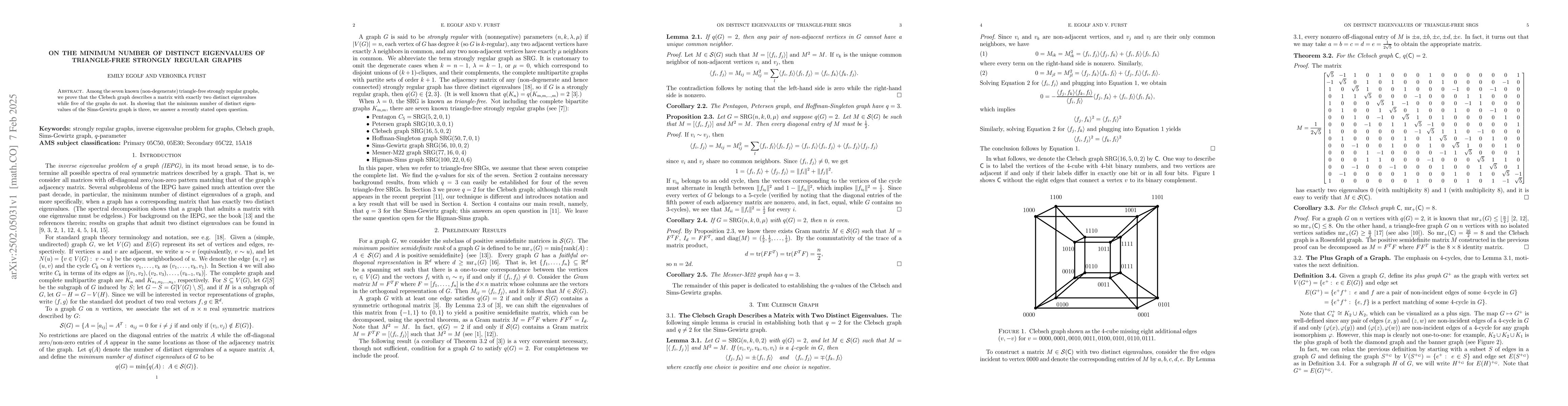 Thumbnail for On the minimum number of distinct eigenvalues of triangle-free strongly
  regular graphs