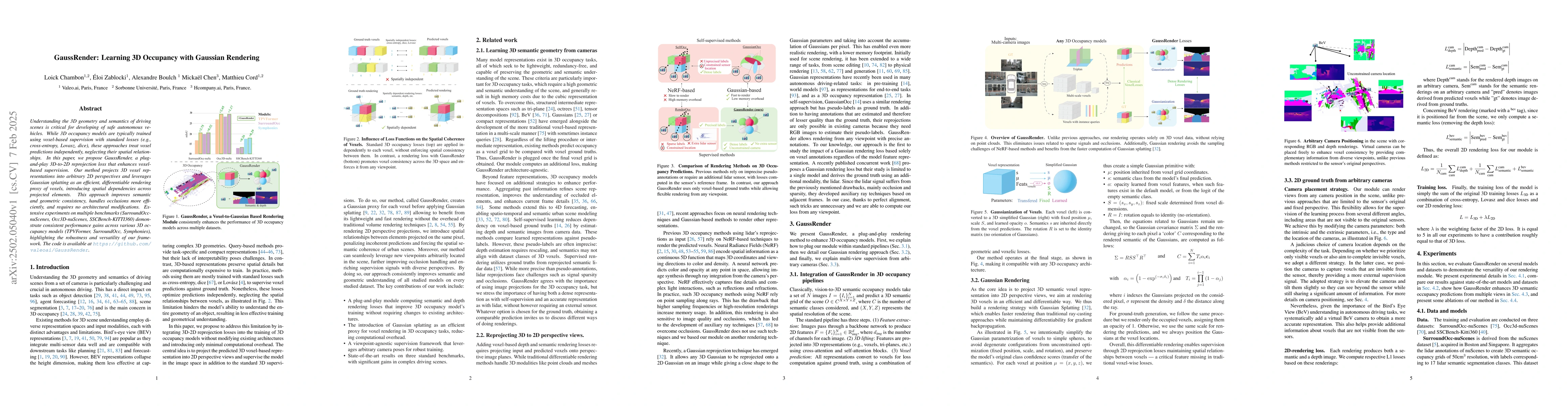 Thumbnail for GaussRender: Learning 3D Occupancy with Gaussian Rendering