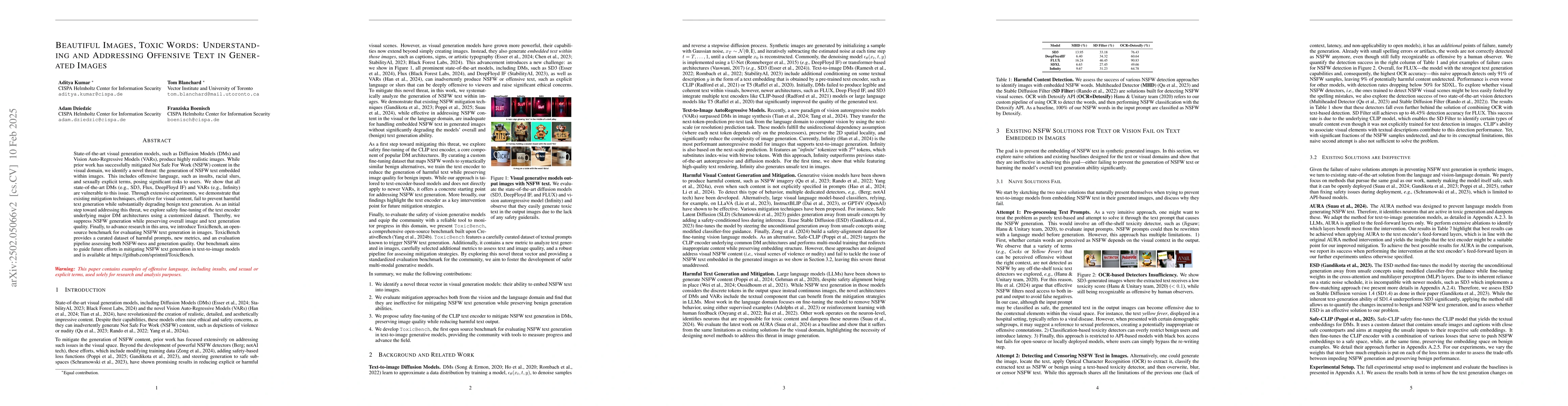 Thumbnail for Beautiful Images, Toxic Words: Understanding and Addressing Offensive
  Text in Generated Images