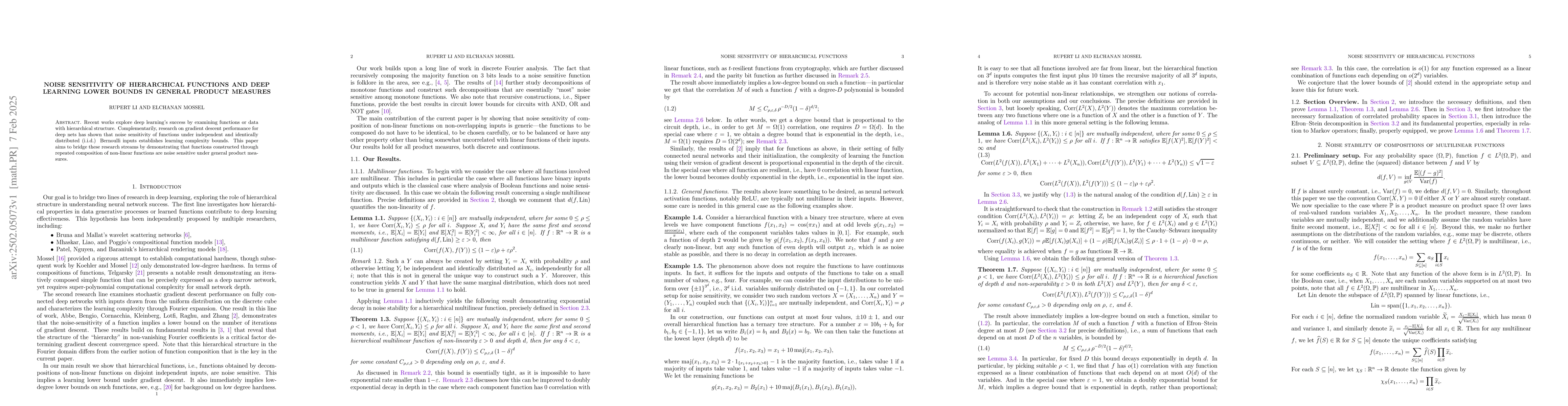 Thumbnail for Noise Sensitivity of Hierarchical Functions and Deep Learning Lower
  Bounds in General Product Measures