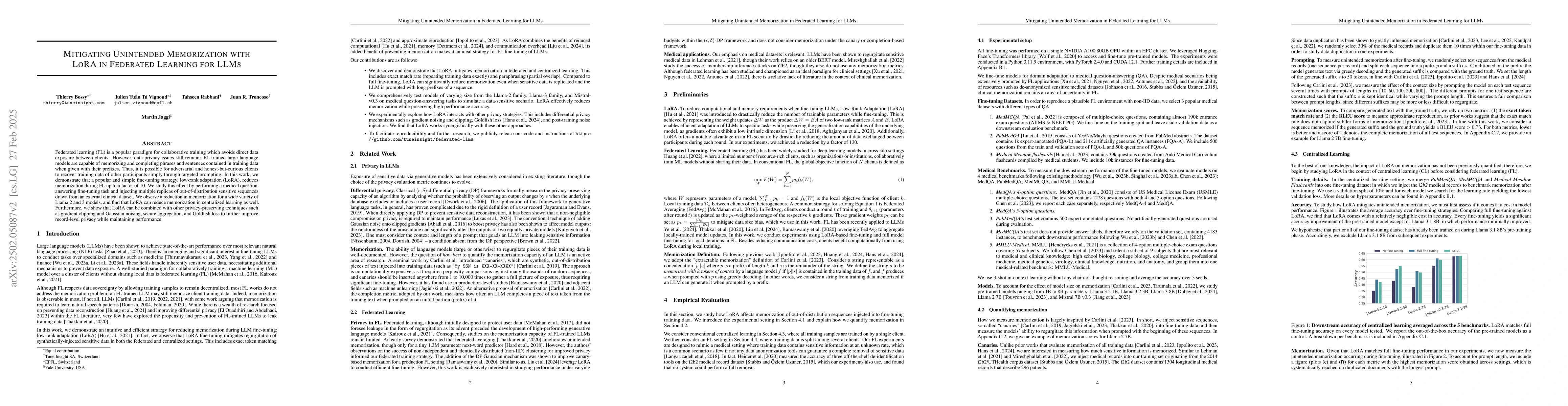 Thumbnail for Mitigating Unintended Memorization with LoRA in Federated Learning for
  LLMs