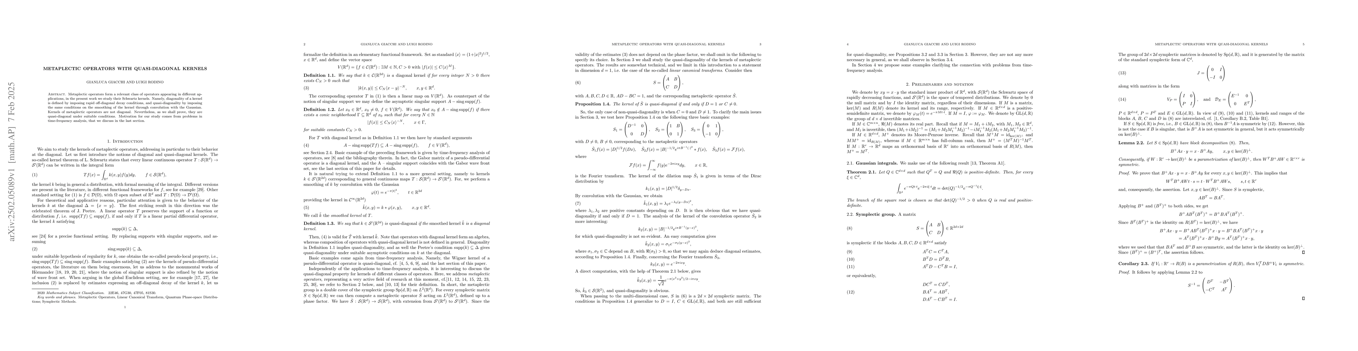 Thumbnail for Metaplectic operators with quasi-diagonal kernels