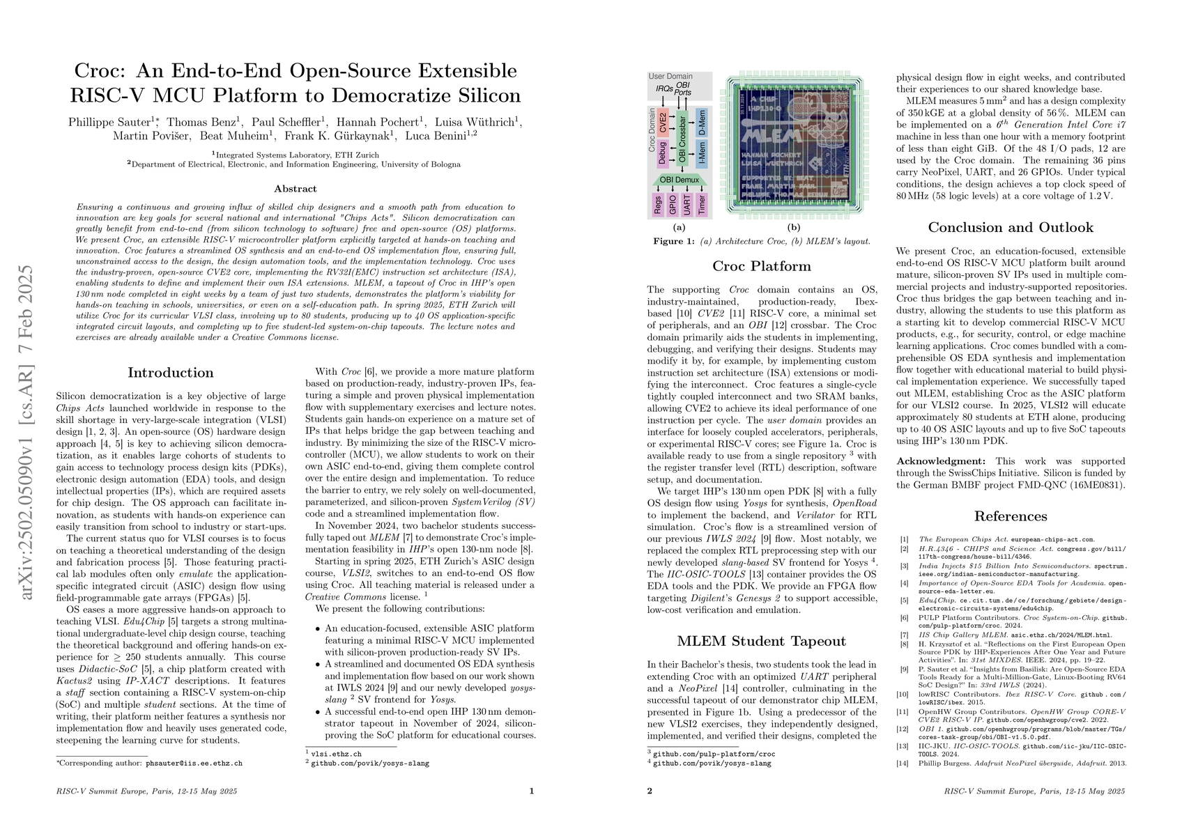 Thumbnail for Croc: An End-to-End Open-Source Extensible RISC-V MCU Platform to
  Democratize Silicon