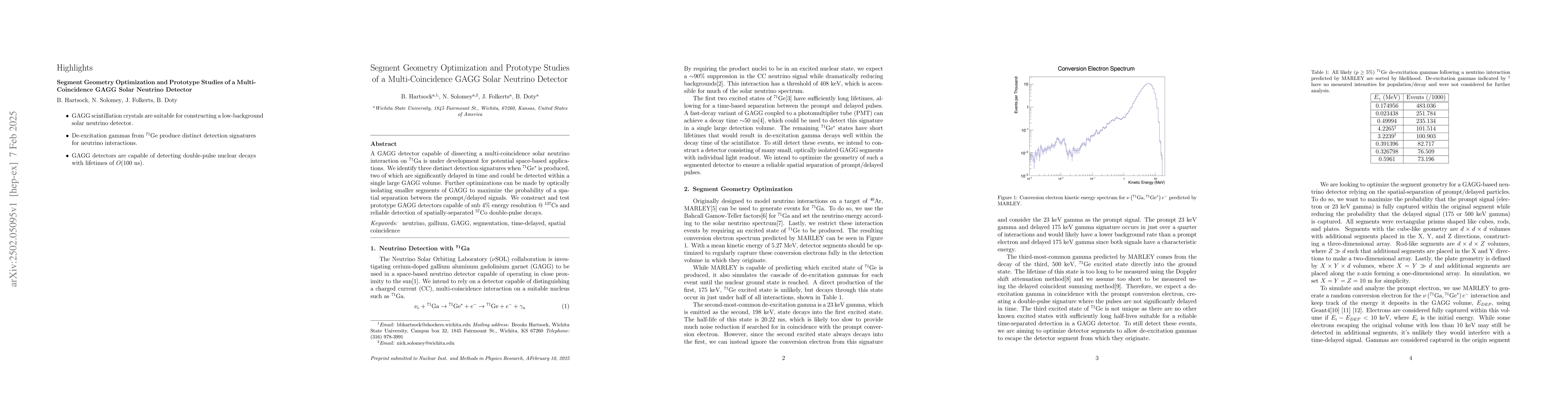 Thumbnail for Segment Geometry Optimization and Prototype Studies of a
  Multi-Coincidence GAGG Solar Neutrino Detector