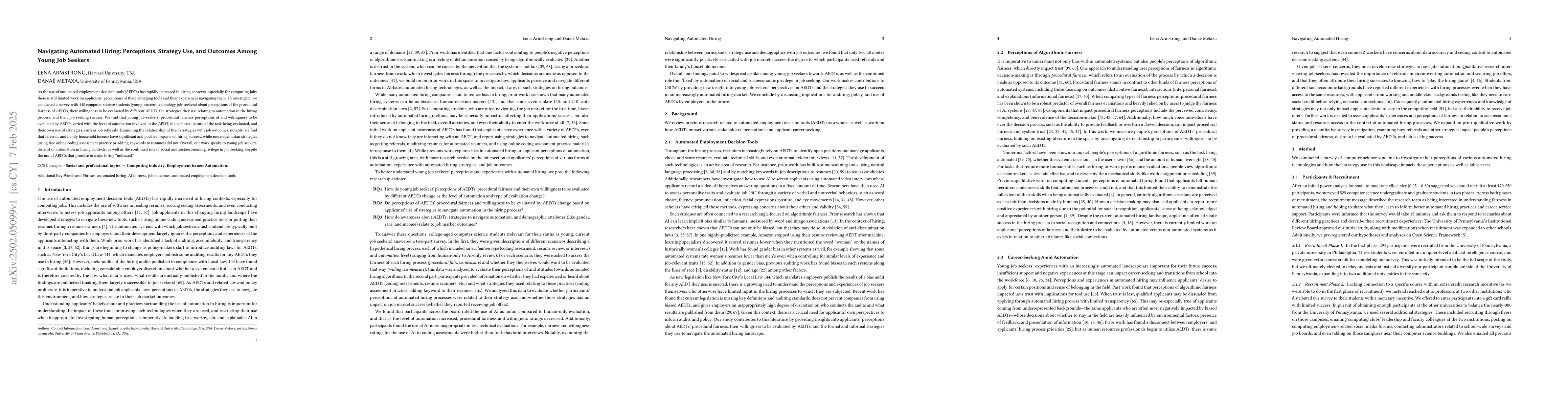 Thumbnail for Navigating Automated Hiring: Perceptions, Strategy Use, and Outcomes
  Among Young Job Seekers