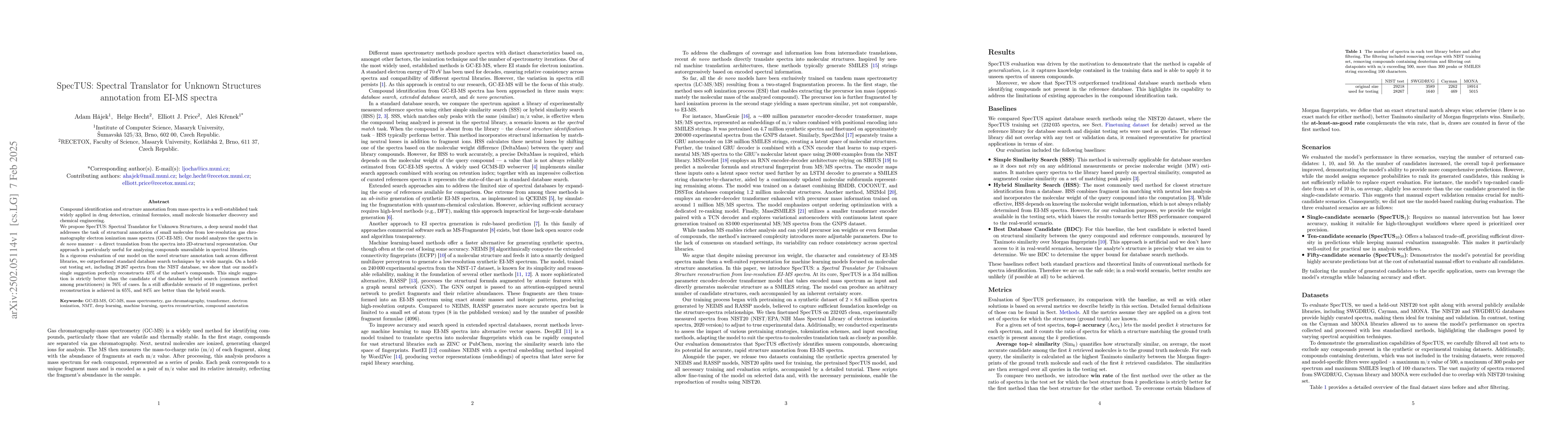 Thumbnail for SpecTUS: Spectral Translator for Unknown Structures annotation from
  EI-MS spectra