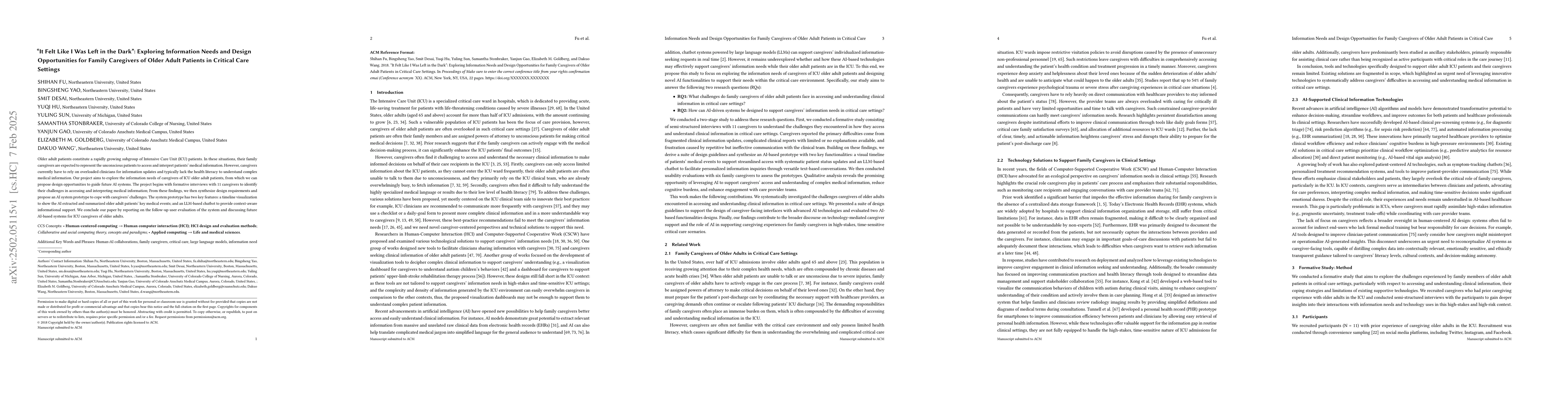 Thumbnail for "It Felt Like I Was Left in the Dark": Exploring Information Needs and
  Design Opportunities for Family Caregivers of Older Adult Patients in
  Critical Care Settings